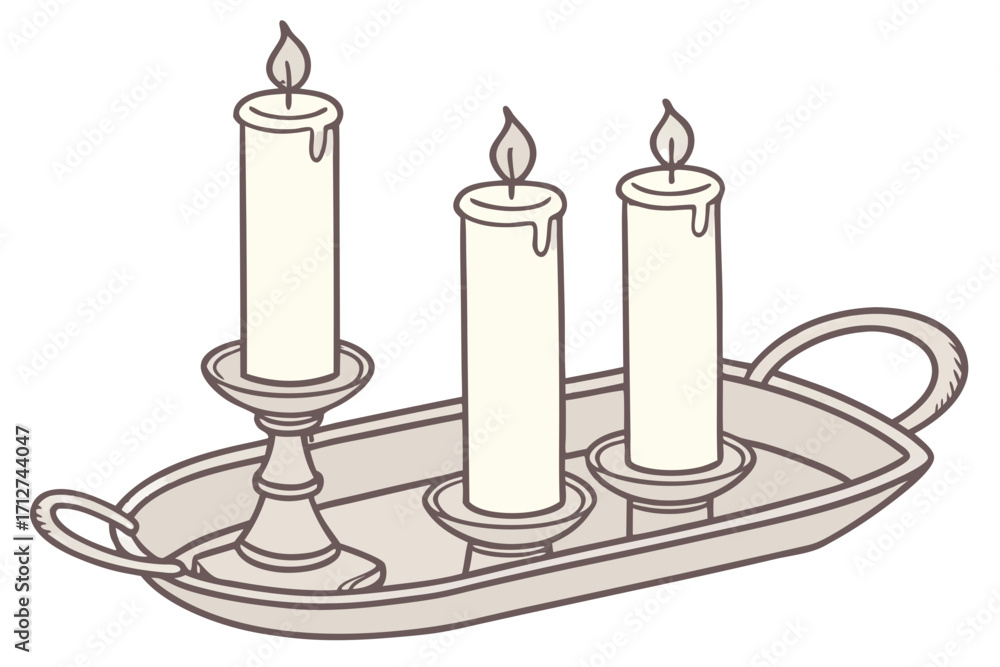 Obraz premium Three Lit Cream Candles with Dripping Wax in a Grey Candelabra Cartoon Style.
