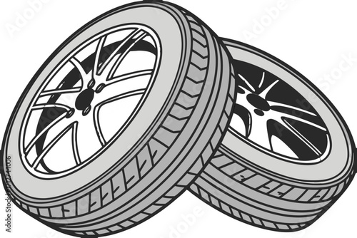 Stylized gray cartoon car tires with detailed tread and multispoke rims overlapping.