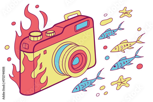 Stylized Retro Camera with Fiery Red Flames Yellow Body Blue Lens Swimming Fish.