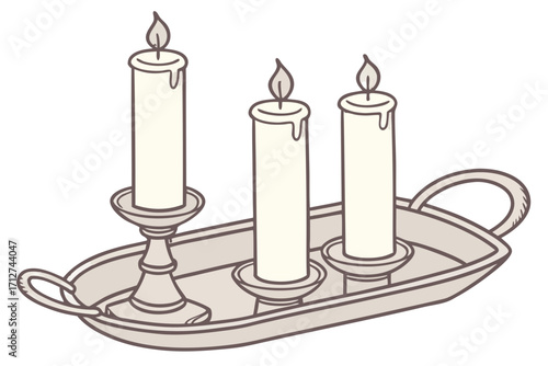 Three Lit Cream Candles with Dripping Wax in a Grey Candelabra Cartoon Style.