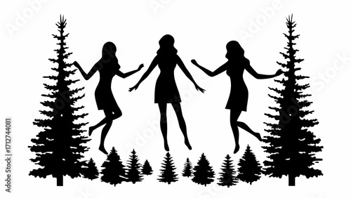 Silhouette of three women dancing among pine trees in a forest black and white vector illustration | editable eps vectors