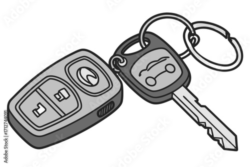 Two car keys with remote fobs and metal keyring featuring lockunlock buttons and car icon monochrome illustration.