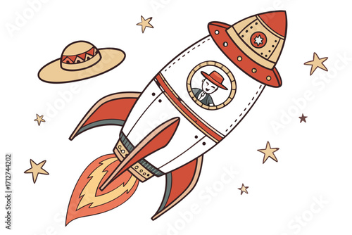 Whimsical cartoon rocket ship with smiling pilot red fins flames stars and floating sombrero.