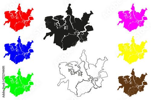 Kuching city (Malaysia) map vector illustration, scribble sketch Bandar Raya Kuching map