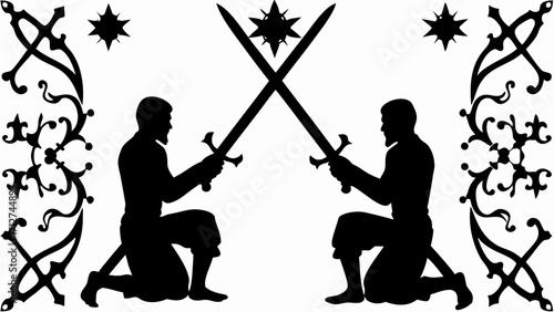 Silhouette of two kneeling figures holding swords with decorative floral elements and stars above them | editable eps vectors