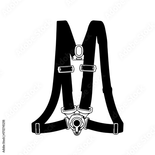 Black and White Racing Harness with Buckles and Straps, Isolated View.