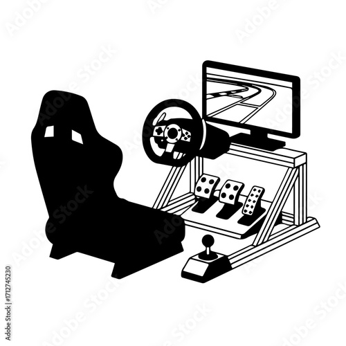 Black and White Racing Simulator Setup with Steering Wheel, Pedals, and Monitor.