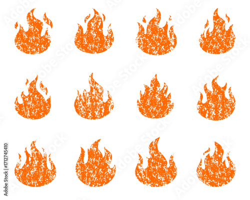 Set of grunge textured fire flame icons, distressed vector illustration for heat, energy, danger and hot symbol design.