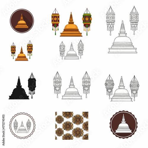 Elegant Buddhist Stupa Lantern Festival Decorations and Symbols Vector Collection