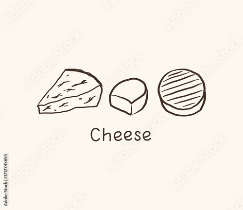 Cheese sketch logo. Design template for label, sign, wrapping. Hand drawn vector illustration. Cheeses card background for text, dairy products, menu, farm. Food made pressed curds milk