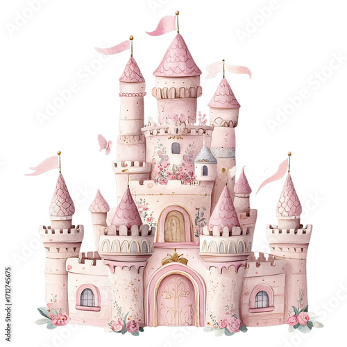 Wallpaper Mural Watercolor Princess Castle with Floral Details Torontodigital.ca