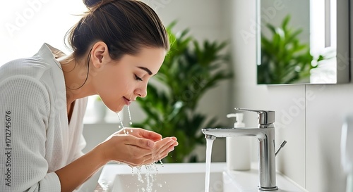Woman Washing Face in Bathroom Sink with Running Water.