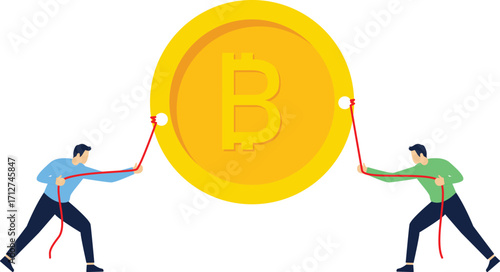 Two people in a tug of war for Bitcoin


