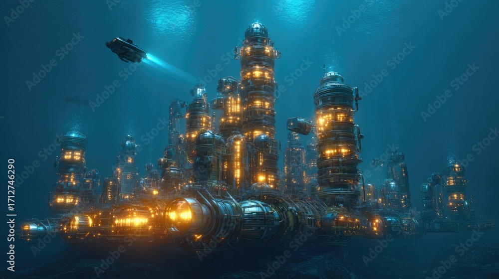 Fototapeta premium Illuminated underwater city showcases advanced mining technology