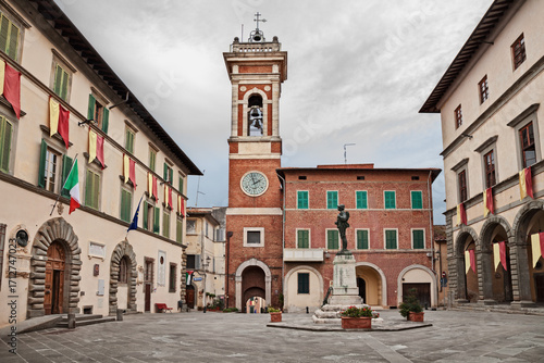Foiano della Chiana, Arezzo, Tuscany, Italy: the main square with the civic tower and town hall (Palazzo Pretorio) in the historic center of the ancient village