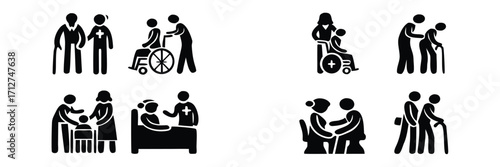 Set of black pictograms illustrating elder care, medical assistance, and disability support with doctor, nurse, and patient icons 
