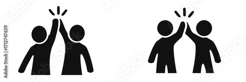 High five icon set with two people celebrating success and teamwork in a simple black silhouette style isolated on a white background 
