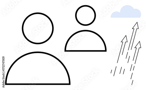 Two abstract human figures, upward arrows, and a cloud element. Ideal for teamwork, growth, success, leadership, collaboration personal development innovation. A simple flat metaphor