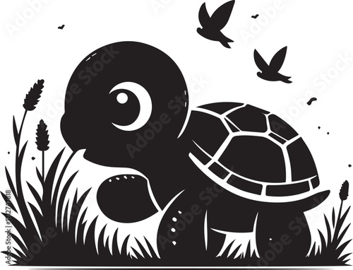 Cute baby turtle silhouette emerging from grass with flying birds in sky
