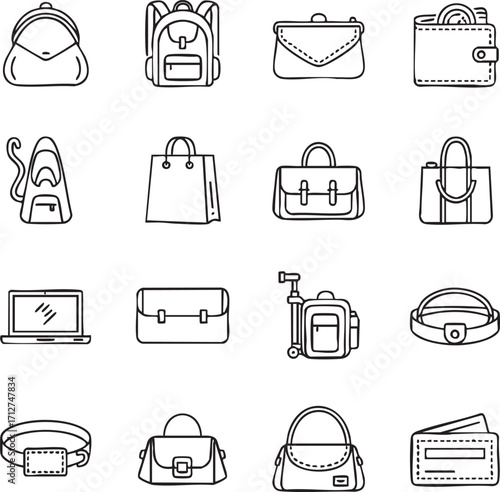 Collection of hand drawn icons representing bags and accessories