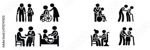 Set of black pictograms illustrating elder care, medical assistance, and disability support with doctor, nurse, and patient icons 
