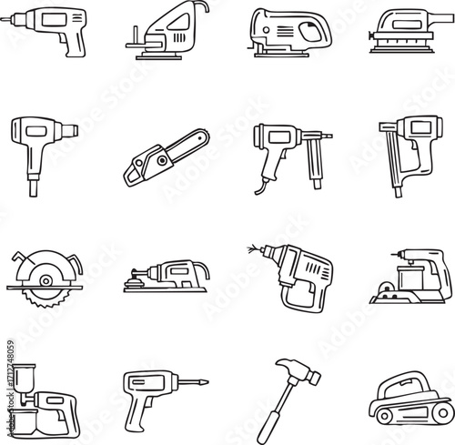 Collection of hand drawn power tools and hardware icons