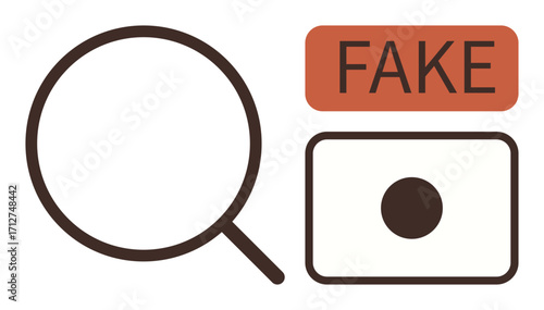 Magnifying glass next to fake content highlighted in red. Ideal for trust, authenticity, fraud detection, critical thinking, media literacy, verification processes, research. Simple flat metaphor
