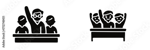 Classroom participation solid glyph icon set with students raising hands to ask questions or volunteer during a lesson 
