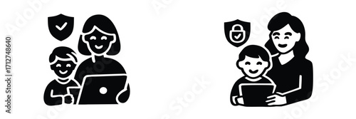 Parental control and online safety icon set with mother and child using a laptop for secure internet browsing and family protection 
