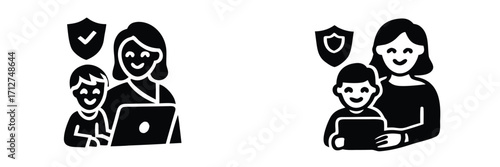 Parental control and online safety icon set with mother and child using a laptop for secure internet browsing and family protection 
