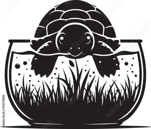 Adorable silhouette of a happy turtle in a glass bowl with water and grass