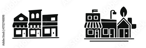 Set of black and white storefront icons representing a small town main street with various building facades and shops 
