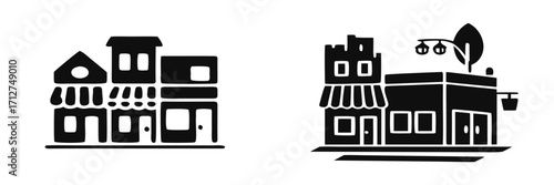 Set of black and white storefront icons representing a small town main street with various building facades and shops 
