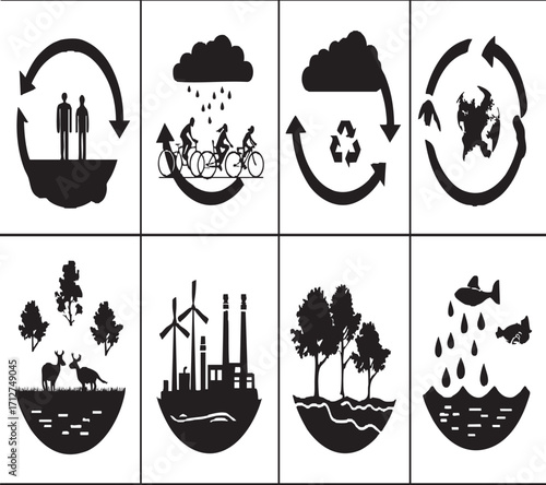 Black and white illustrations depicting ecology and environmental conservation