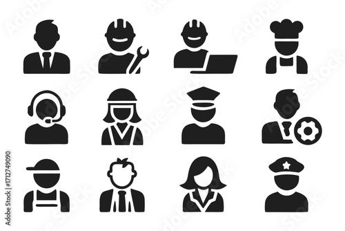 Variety of professional icon illustrations showcasing diverse occupations in black and white design 
