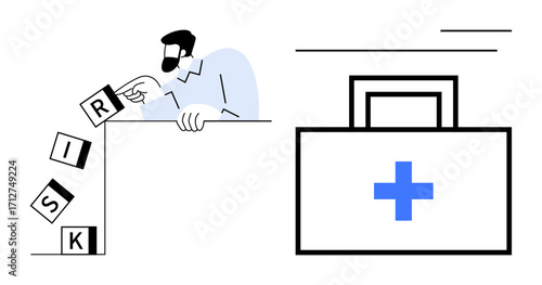 Man carefully tipping over RISK blocks near a first aid kit with a cross. Ideal for risk management, safety, healthcare, problem-solving, emergency planning, responsibility, and precision. Simple