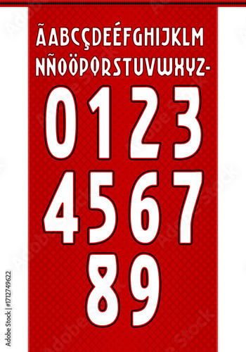 Modern vector font with bold white fill and black outline, displayed on red background. Includes accented uppercase letters and numbers, ideal for sports fashion, urban apparel, and creative design us