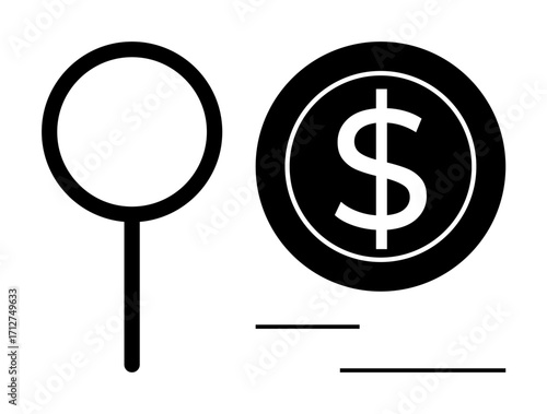 Magnifying glass near dollar coin symbolizes financial analysis, investment focus, and money management. Ideal for business, finance, economic planning, budgeting, savings, wealth creation simple