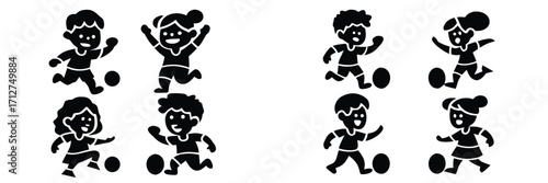 Black silhouette icons of diverse children playing soccer, depicting sports and activity on a white background 
