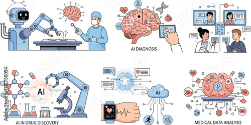 AI in healthcare icons, medical diagnosis, surgery, drug discovery, patient interaction, health monitoring, data analysis vector illustration set