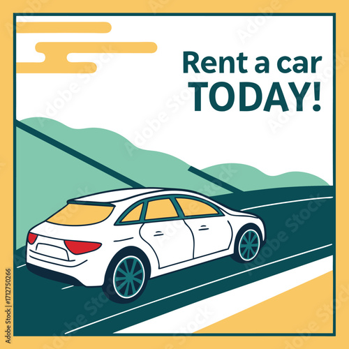 Modern vector illustration showing car rental promotion with vehicle on road, ideal for travel, transport, business and rental service ads