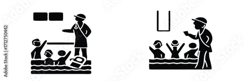 Swimming instructor teaching children in a pool black glyph icons for water safety and sports training class 
