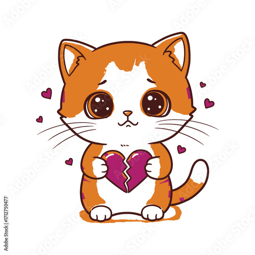 Cute Sad Kitten Holding Broken Heart Cartoon Illustration Kawaii Anime Style