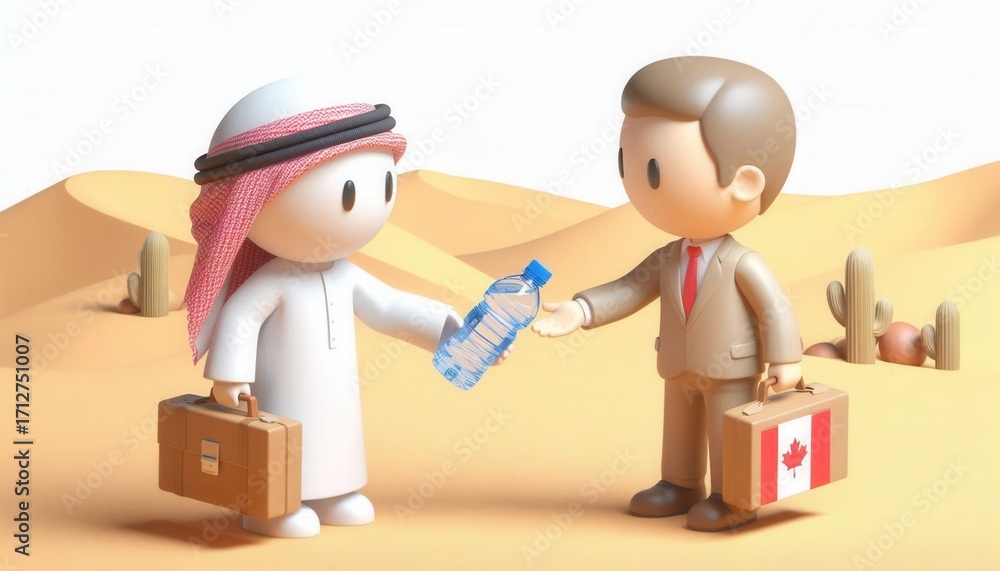 Obraz premium Business exchange between cultures desert landscape digital illustration collaborative spirit perspective on resource sharing