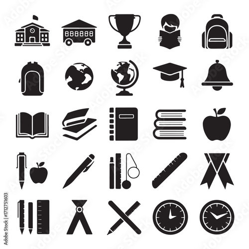 School and Education Silhouette Icon Set, Books, Pencils, Clock, Globe, Backpack, Learning Tools