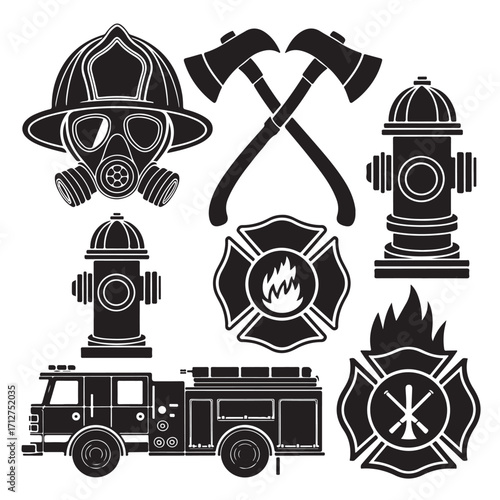Firefighter and Rescue Silhouette Vector Icons, Helmet, Hydrant, Truck, Axes, Fire Symbols