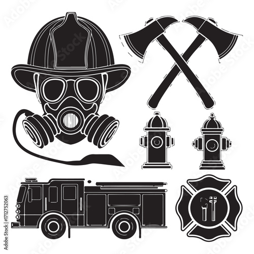 Firefighter Equipment Silhouette Vector Pack, Helmet, Gas Mask, Truck, Axes, Fire Rescue Icons