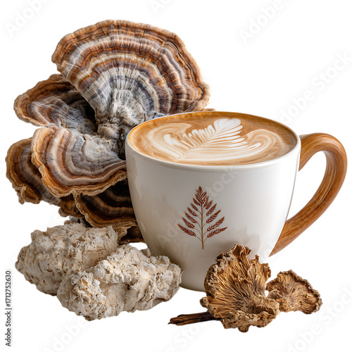 Mug of coffee with medicinal mushrooms isolated on transparent background