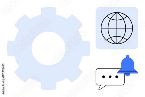 Gear symbol, globe, notification bell, chat bubble with dots suggesting global communication, system customization, and alerts. Ideal for tech, settings, alerts messaging notifications networking