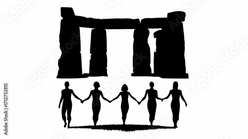 Silhouette of stonehenge with people holding hands in a line on a white background in a simple design | editable eps vectors
